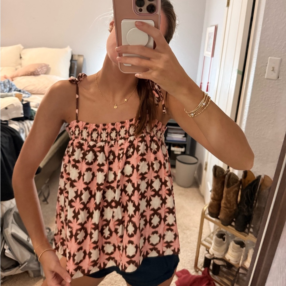 LOFT Pink and Brown Printed Smocked Camisole